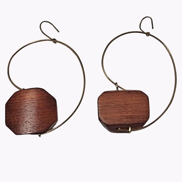 Boho Abstract Chunky Wood Gold Tone Hoop Drop Earrings Fashion Jewelry Women - Picture 1 of 4